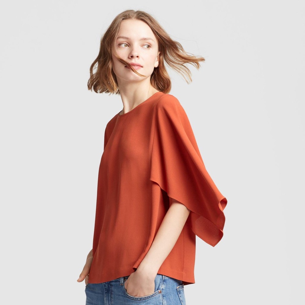 NWOT Eileen Fisher Silk Cape Sleeve Pekoe Blouse